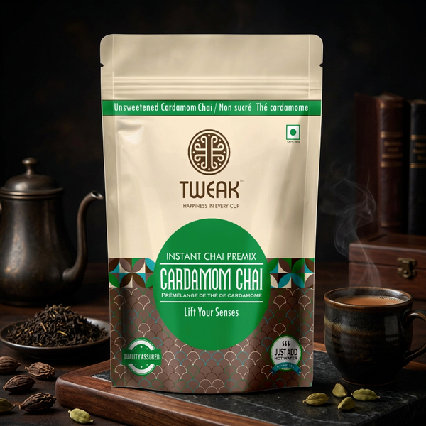 A stand-up pouch of TWEAK Cardomom Chai instant chai premix, styled on a dark wooden surface with a teapot, cup of tea, and cardomom pods in a warm, dark setting.